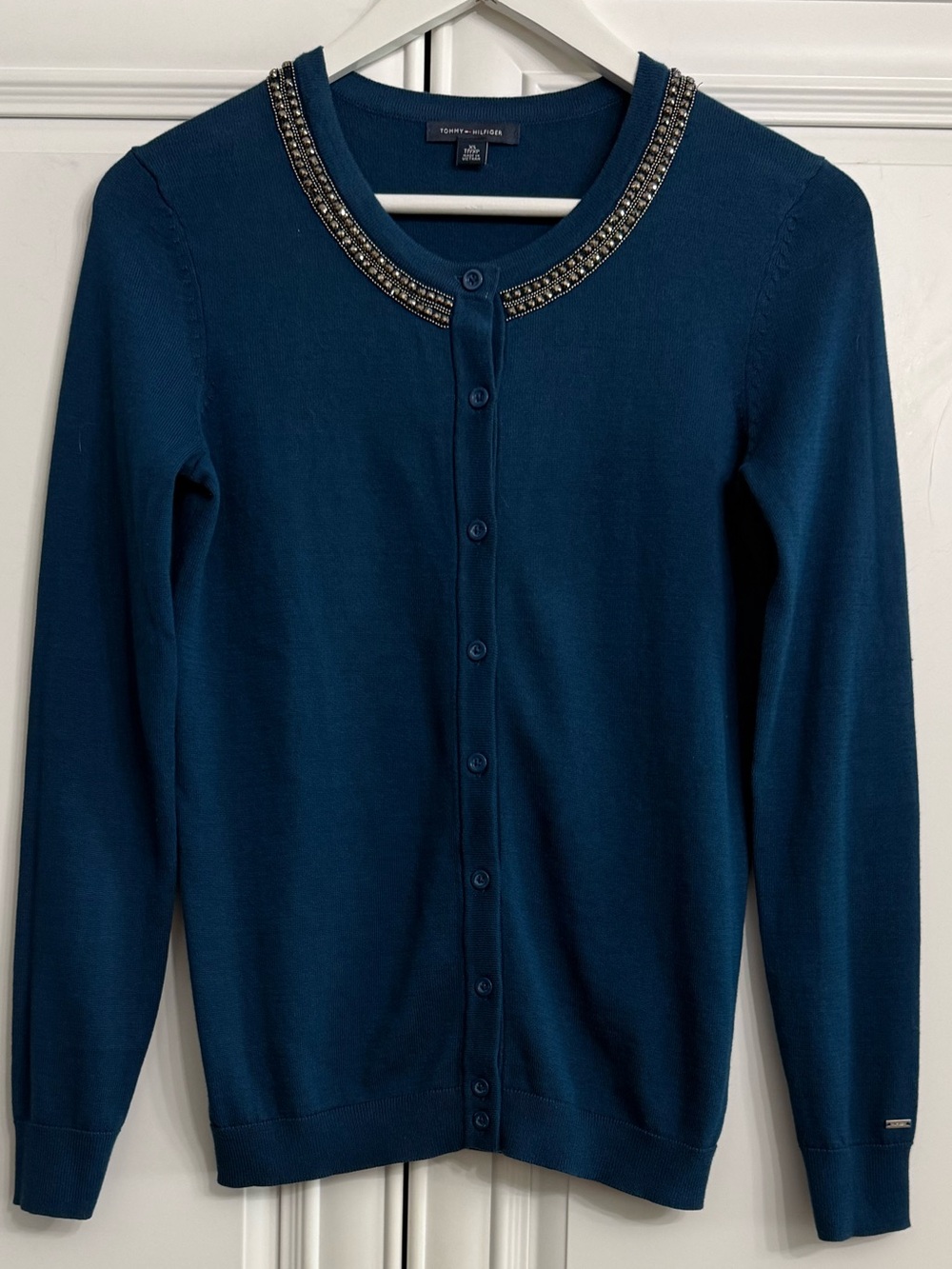 Tommy Hilfiger Teal Embellished Crewneck Button-Up Cardigan 100% Cotton Size XS